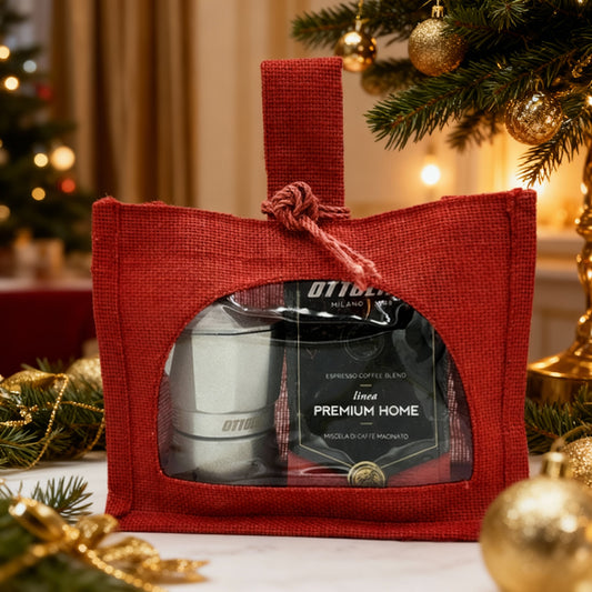 🎁 Kit Natale:  Moka 1 Tazza + Miscela Premium Home 125g + Borsa in Juta Rossa