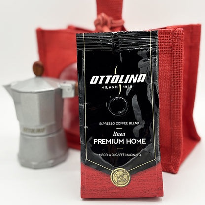 🎁 Kit Natale:  Moka 1 Tazza + Miscela Premium Home 125g + Borsa in Juta Rossa