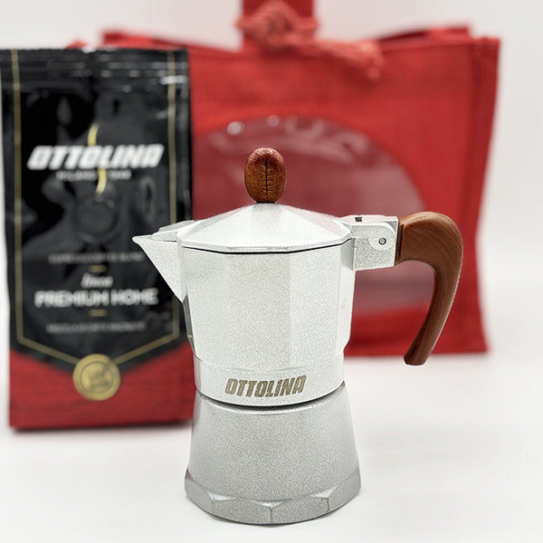 🎁 Kit Natale:  Moka 1 Tazza + Miscela Premium Home 125g + Borsa in Juta Rossa